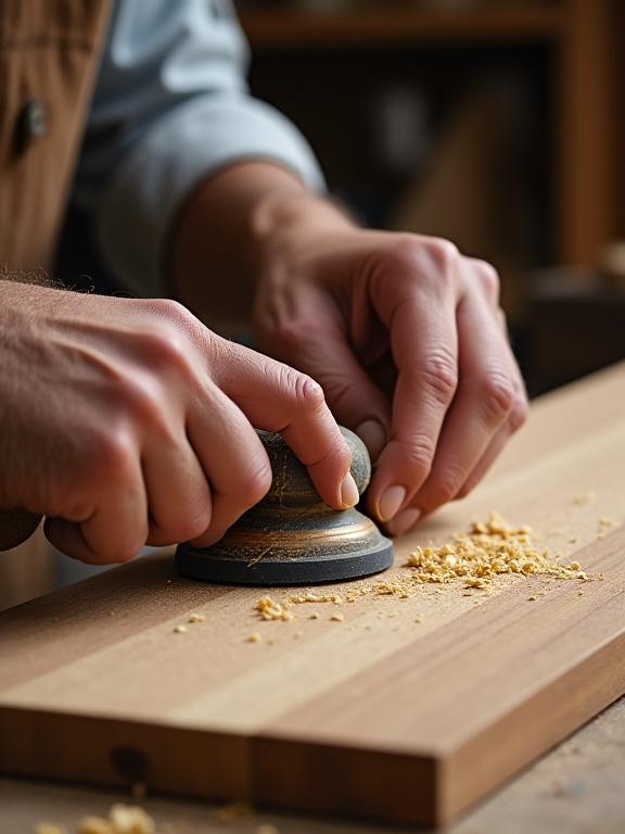 木材を丁寧に磨き上げる職人の手元